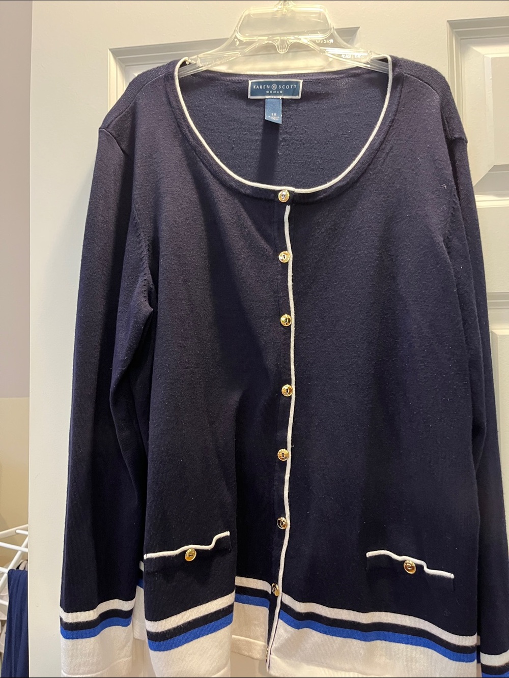 Karen Scott Navy Cardigan with White and Blue Trim